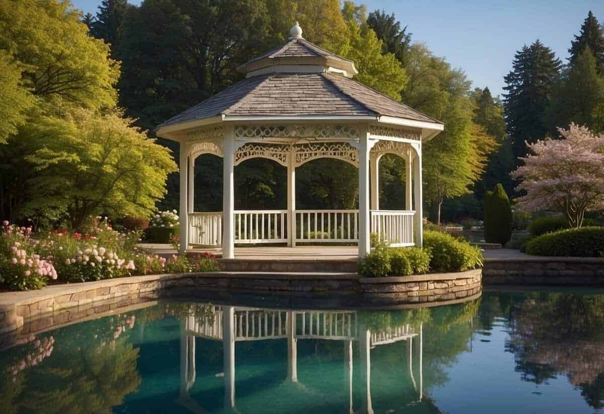 A picturesque gazebo stands in a lush garden, surrounded by blooming flowers and towering trees. A serene pond reflects the clear blue sky, creating a perfect setting for a romantic wedding ceremony