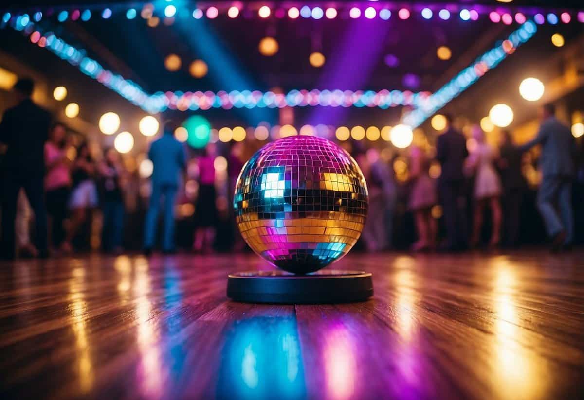 A colorful dance floor with a glowing disco ball above, surrounded by excited guests and vibrant decorations