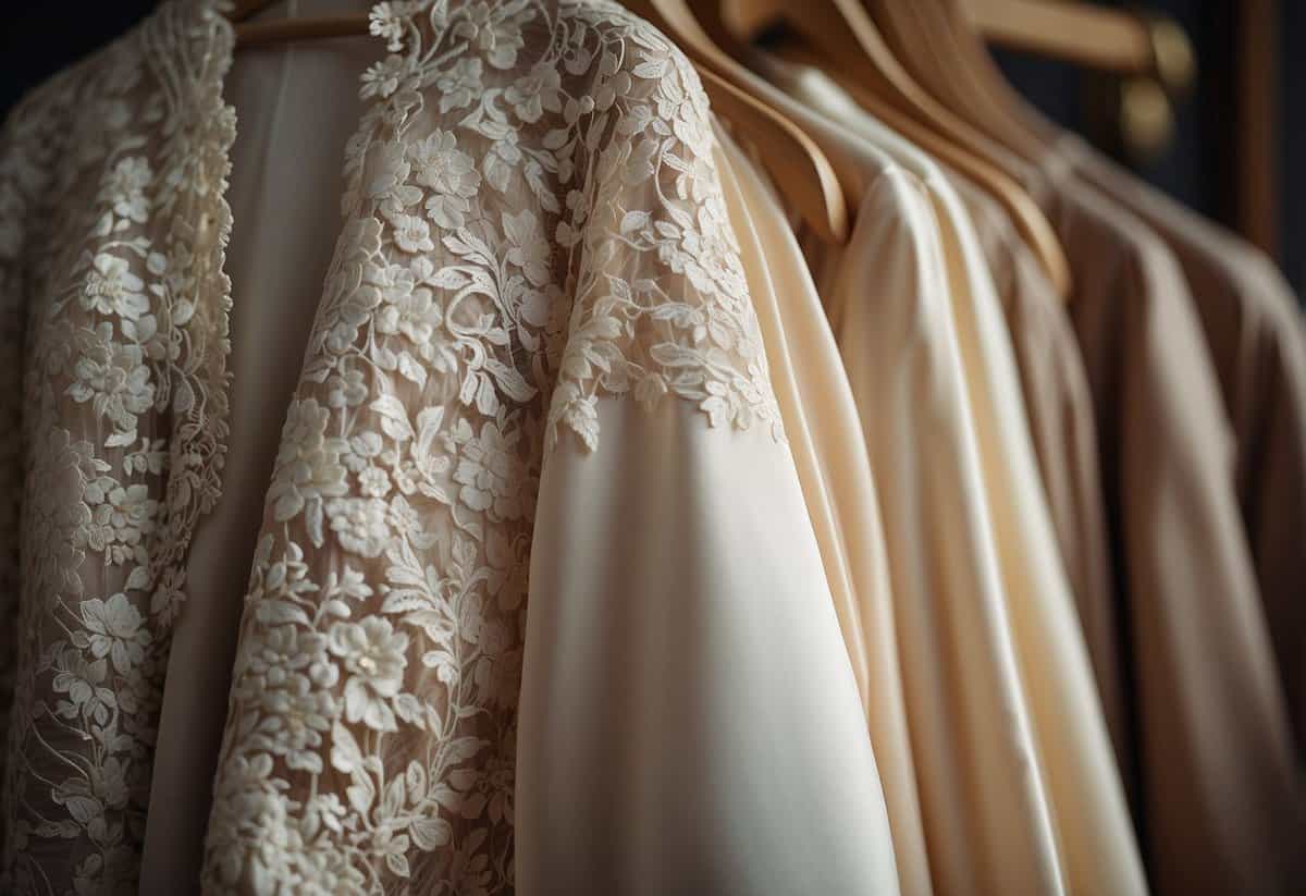 A luxurious bridal robe hanging on a sleek hanger, surrounded by delicate lace and satin details