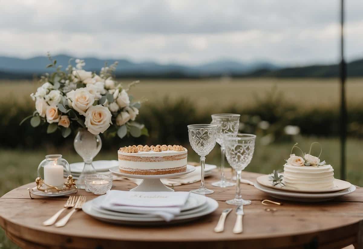 A table set with forgotten wedding items: vows, guest book, cake topper, and personalized favors