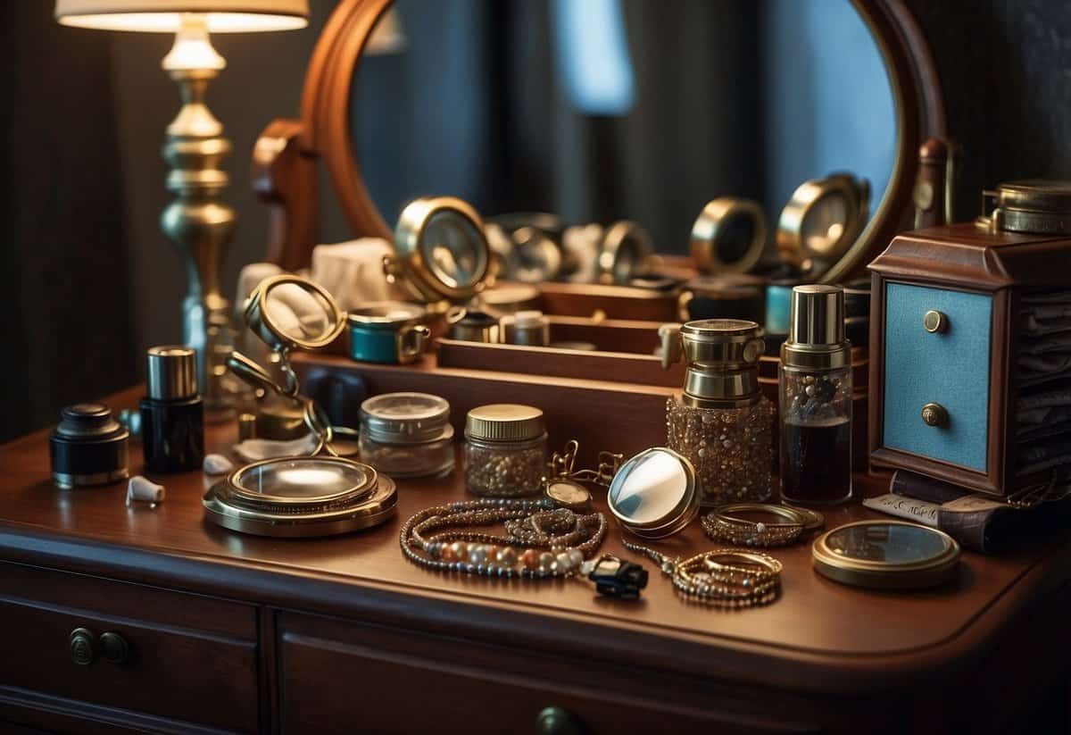 A cluttered vanity with forgotten accessories, a disorganized jewelry box, and a neglected steamer for wrinkled dresses