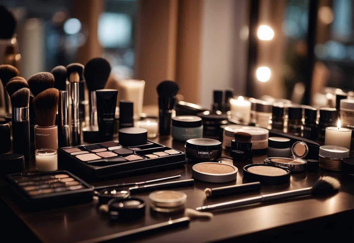 A professional hair and makeup team busily prepares for a wedding, surrounded by various beauty products and tools