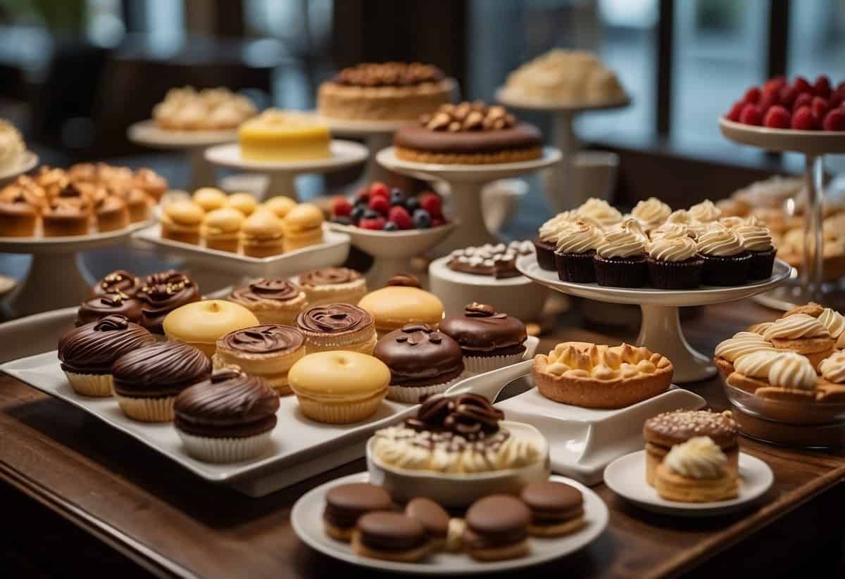 A table filled with a variety of decadent desserts, from cakes and cupcakes to macarons and fruit tarts. A sign reads "Dessert Bar" in elegant script