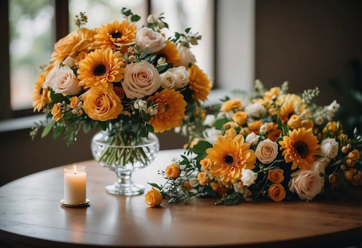A vibrant bridal bouquet and matching floral arrangements sit on a table, showcasing the beauty and elegance that brides often regret not ordering before their wedding