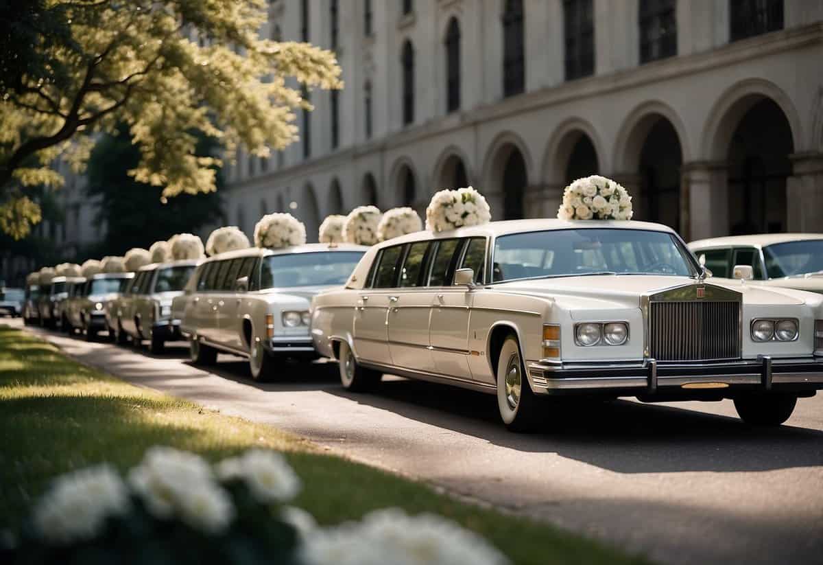A row of sleek limousines and classic cars line up, ready to transport the bridal party. A vintage trolley waits nearby, adorned with flowers and ribbons