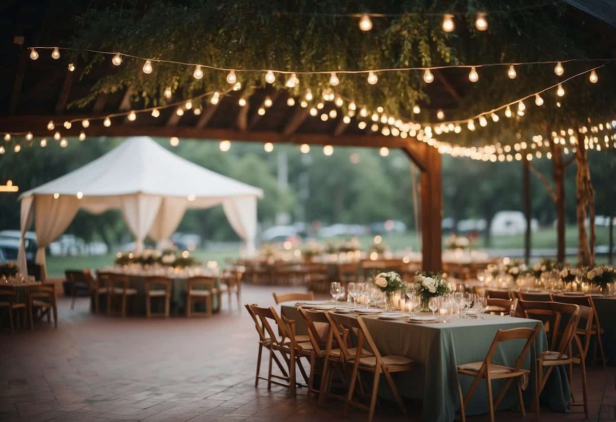 A wedding venue with a covered outdoor area, equipped with tents, umbrellas, and heaters, ready for unexpected weather changes