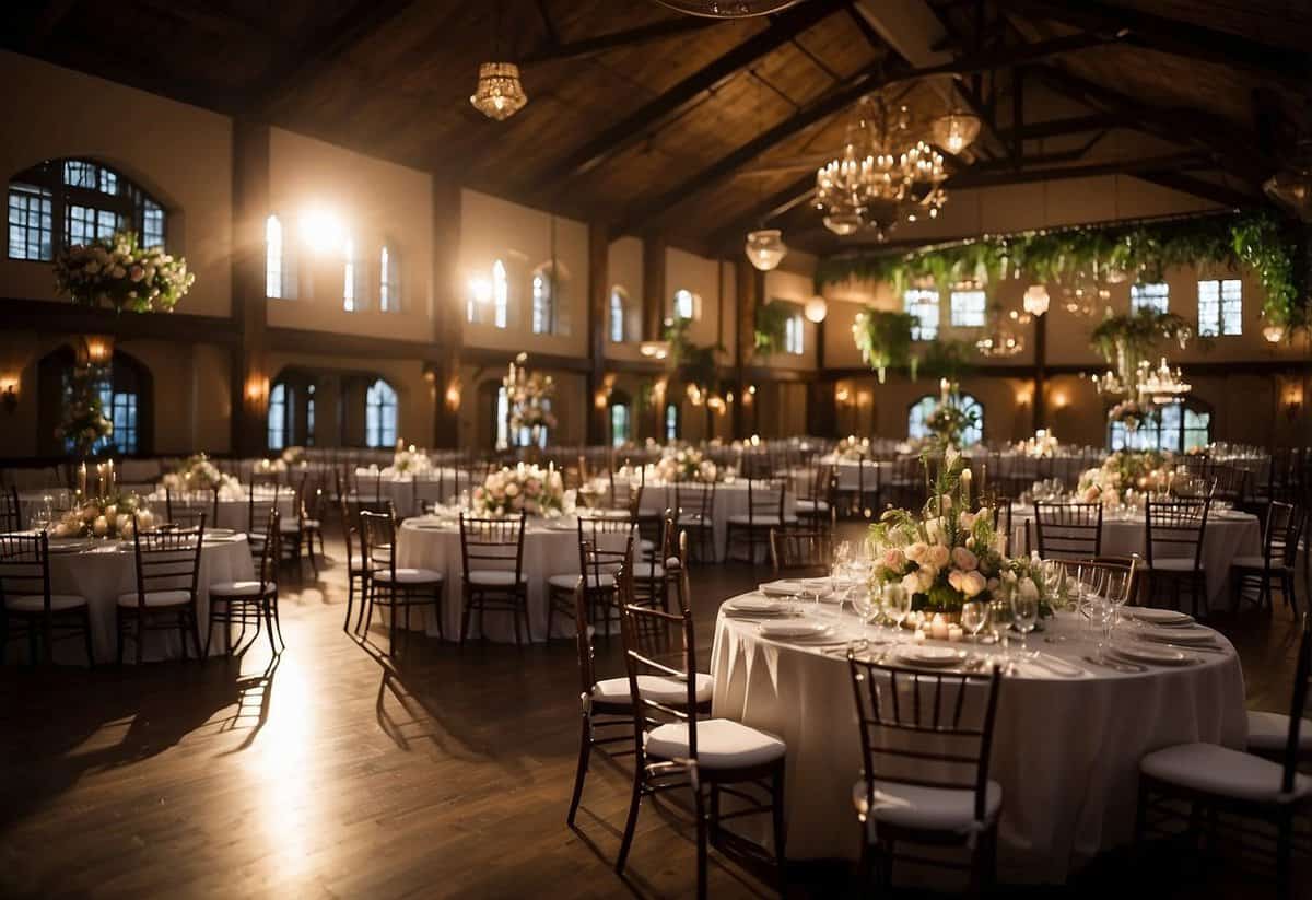 The wedding reception hall is dimly lit, lacking the additional lighting and decor elements that brides regret not ordering before their wedding. Tables sit bare, awaiting the final touches that would bring the space to life