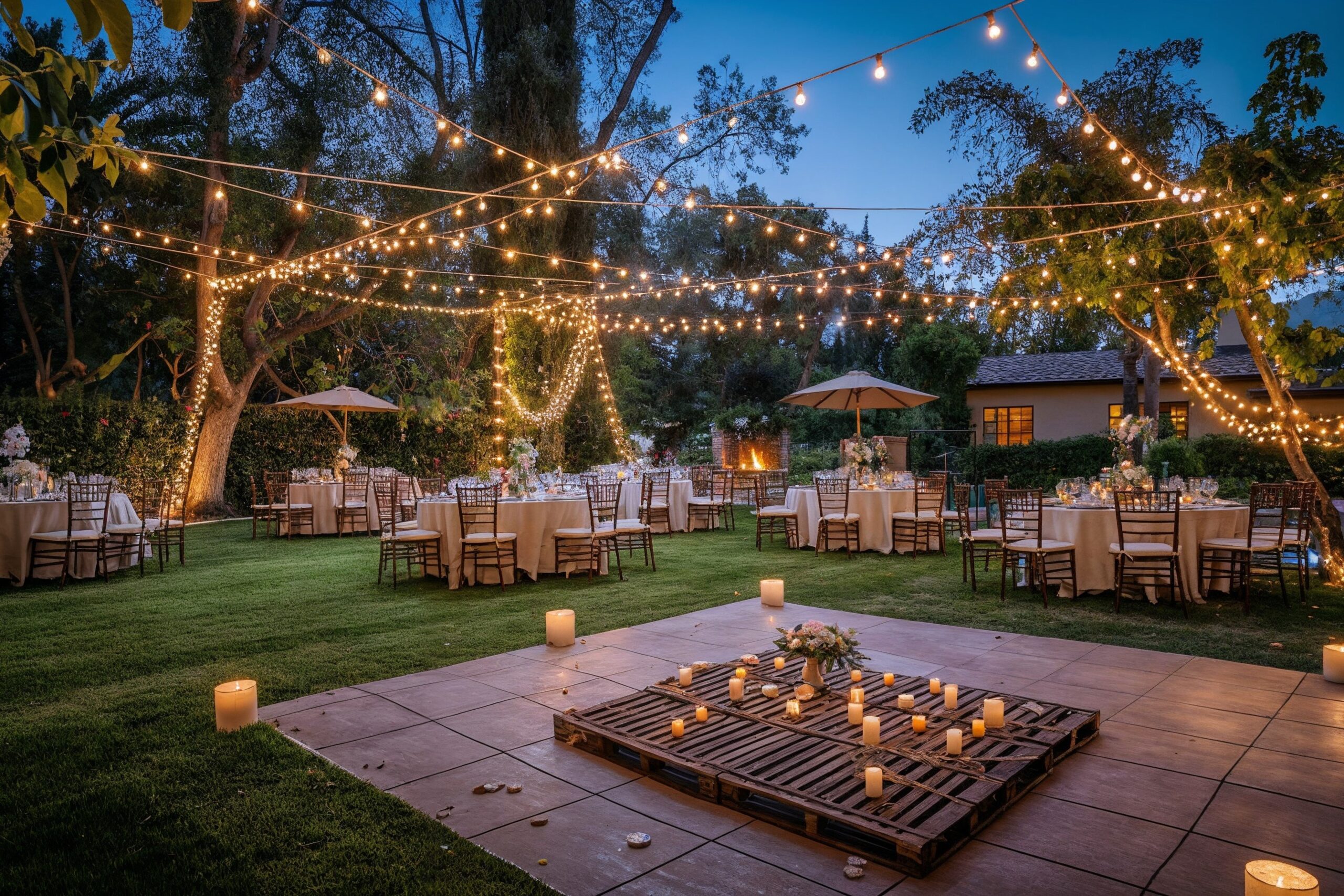 Outdoor evening event setup with round tables, white tablecloths, chairs, and string lights overhead. Lit candles are arranged on the ground, creating a warm ambiance. Trees and greenery surround the area.