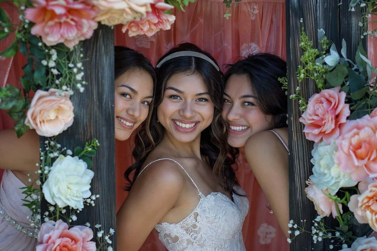 Three smiling young women pose together in a floral frame with pink and white flowers.