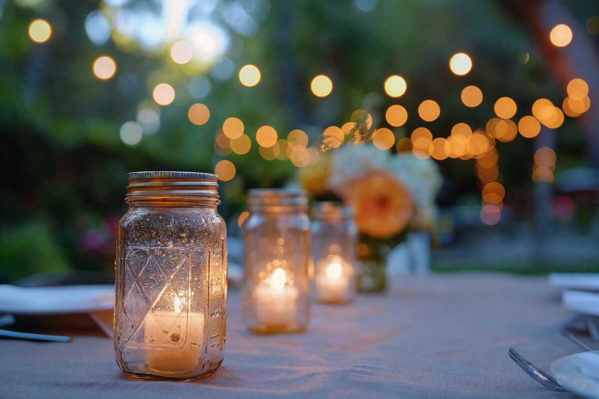 A table set outdoors with jars containing lit candles, surrounded by string lights creating a warm, bokeh background effect.