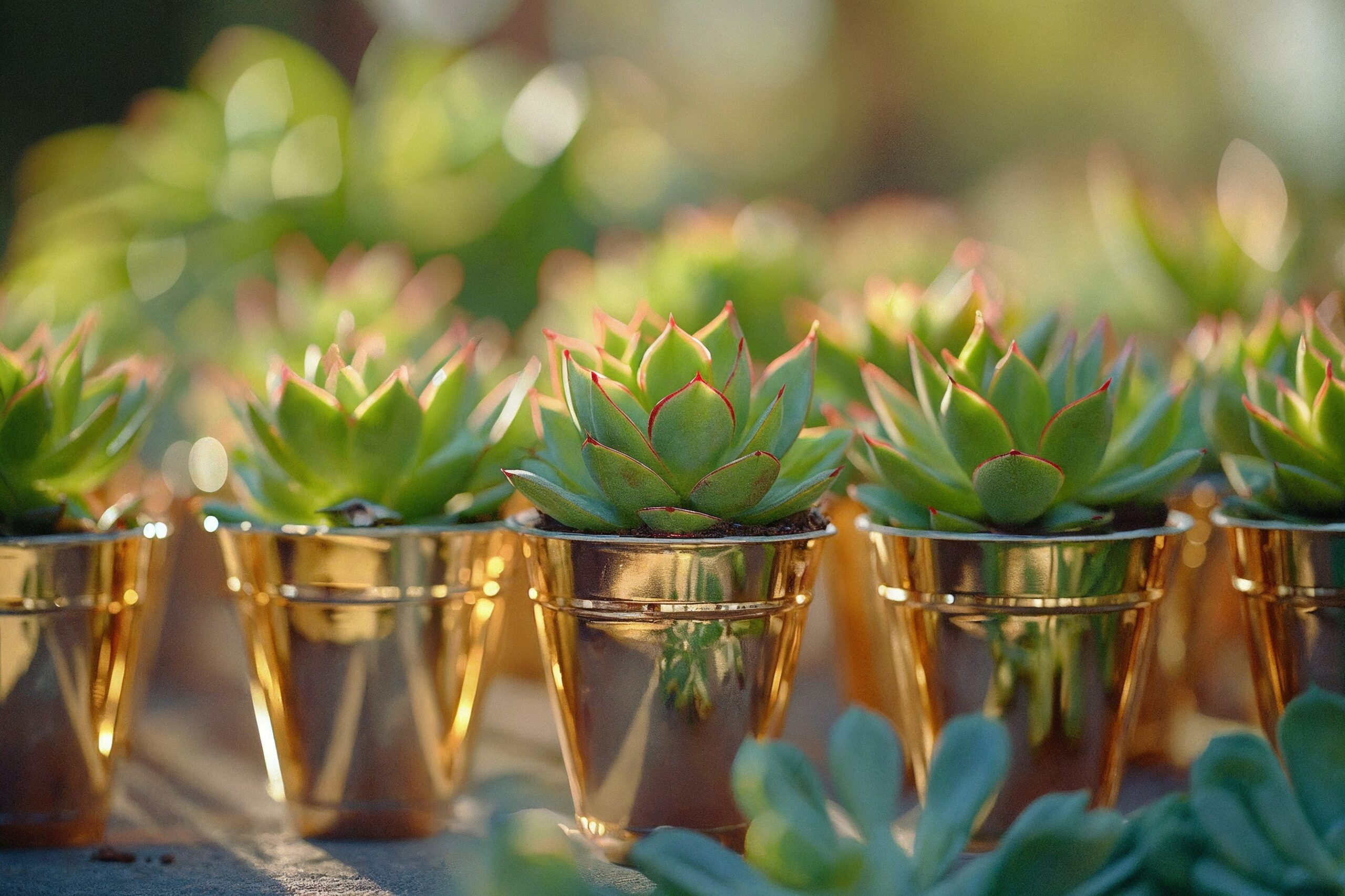 Several small succulent plants in golden pots are arranged closely together on a surface, with a blurred leafy background.