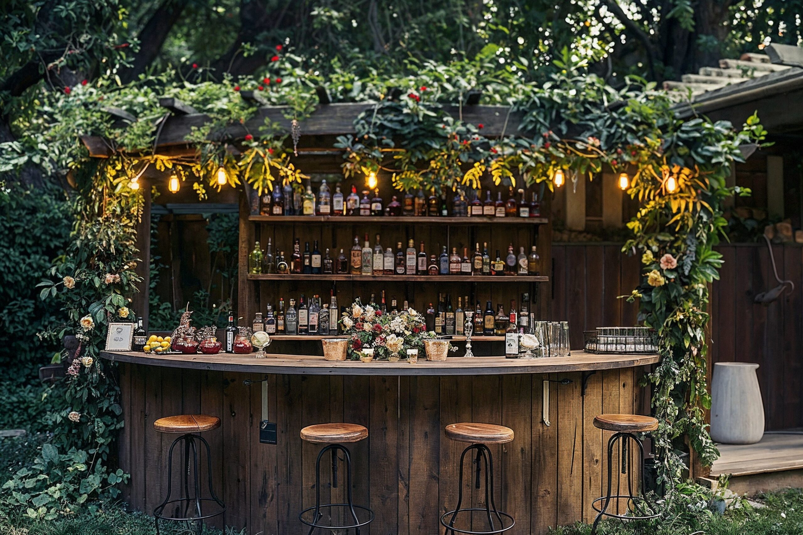 A rustic outdoor bar covered in lush greenery and flowers, with wooden stools and shelves displaying various bottles of liquor, set in a garden area.
