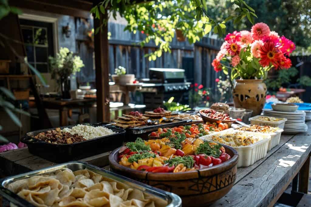 A picnic table outdoors under a pergola is filled with various dishes including fresh fruit, rice, salad, and snacks. Bright red flowers in a vase add decoration. Plates and cutlery are stacked nearby.
