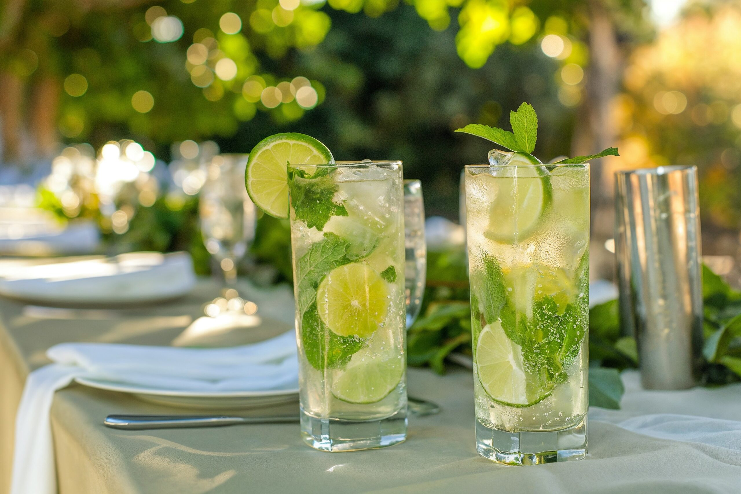 Two tall glasses of mojitos garnished with lime slices and mint leaves sit on a table set for an outdoor meal.