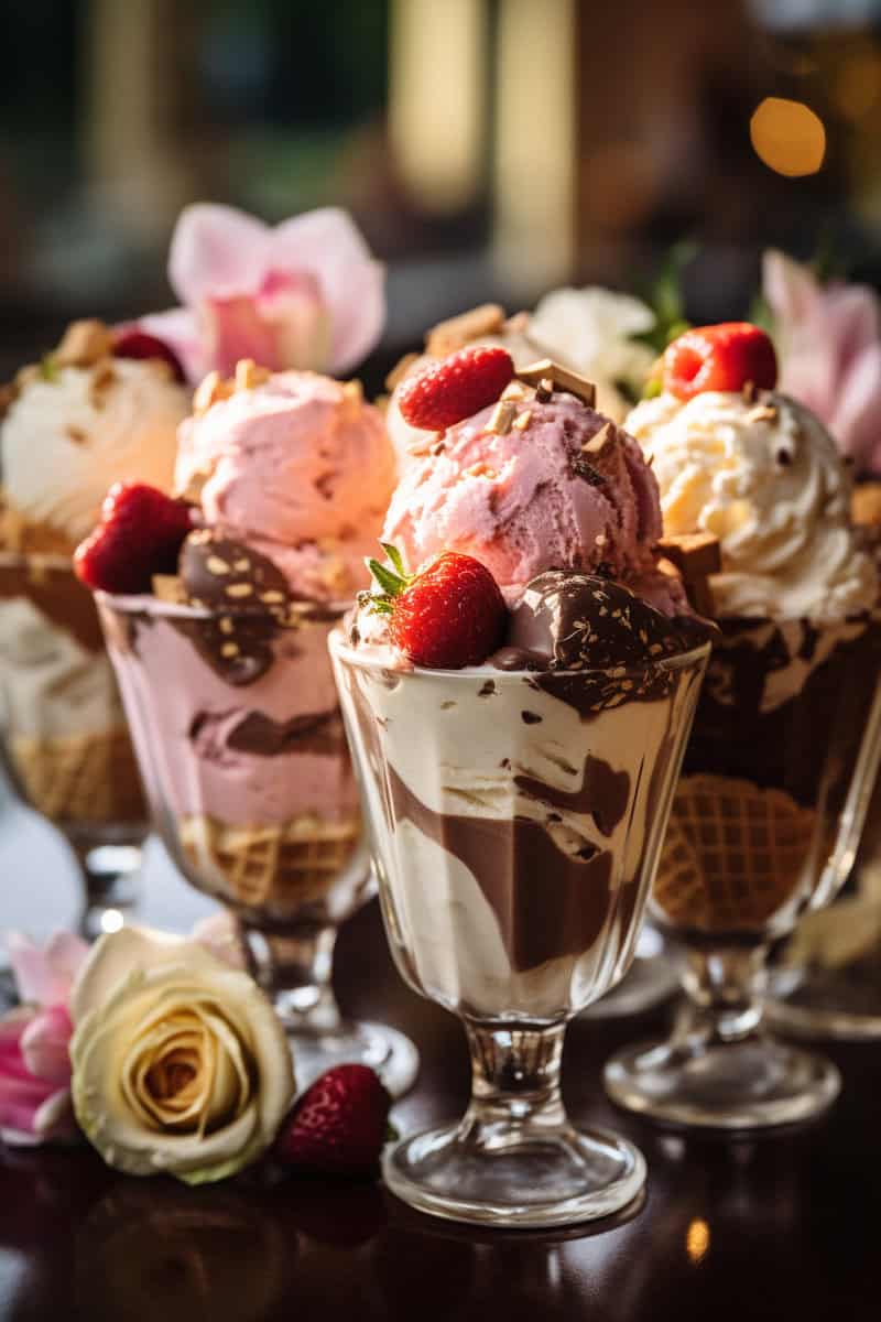 Four dessert glasses filled with ice cream sundaes topped with strawberries, chocolate pieces, and surrounded by fresh flowers.