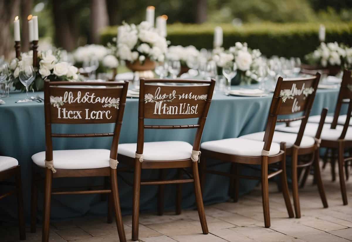 A table set for a wedding, with empty chairs labeled with names of toxic family members crossed off the guest list