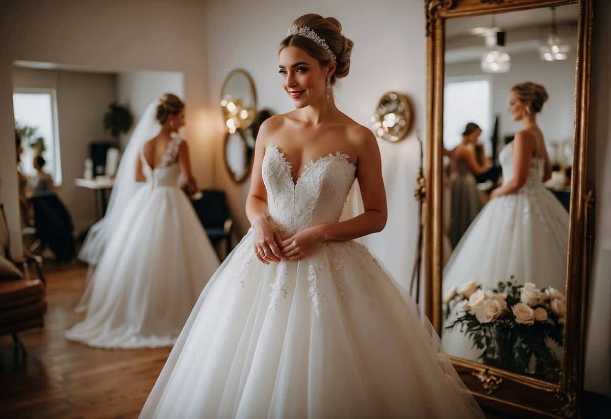 Bride attends final dress fitting, trying on accessories. Mirror reflects her excitement