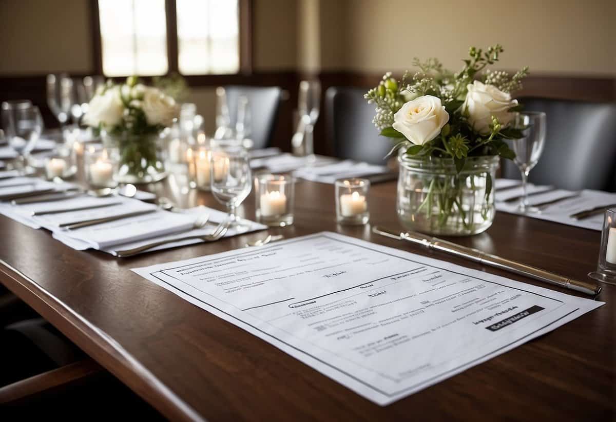 A table with seating chart, place cards, and pen