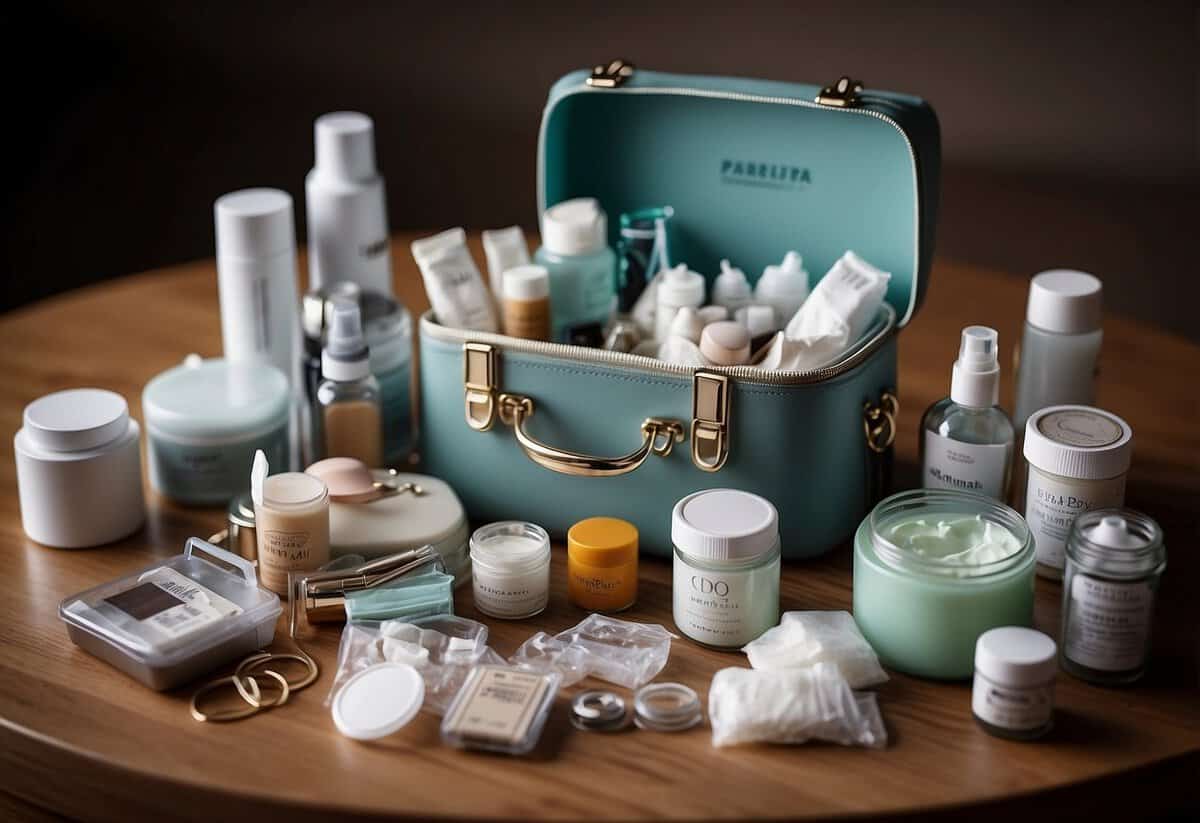 Bride gathers items for emergency kit: tissues, safety pins, pain relievers, and makeup for last-minute touch-ups
