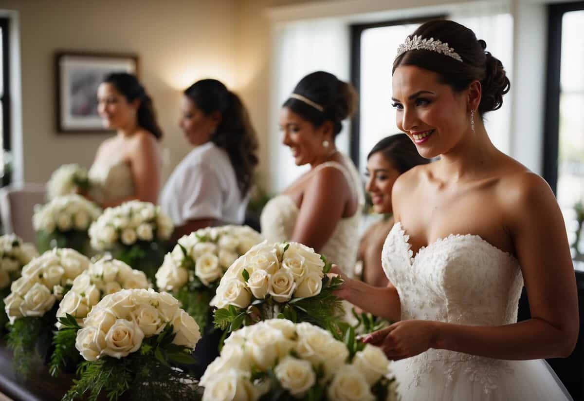 Bridal party members are shown receiving tasks for the wedding day, such as organizing decorations and coordinating with vendors. The bride is seen delegating tasks and ensuring everyone is prepared for the big day