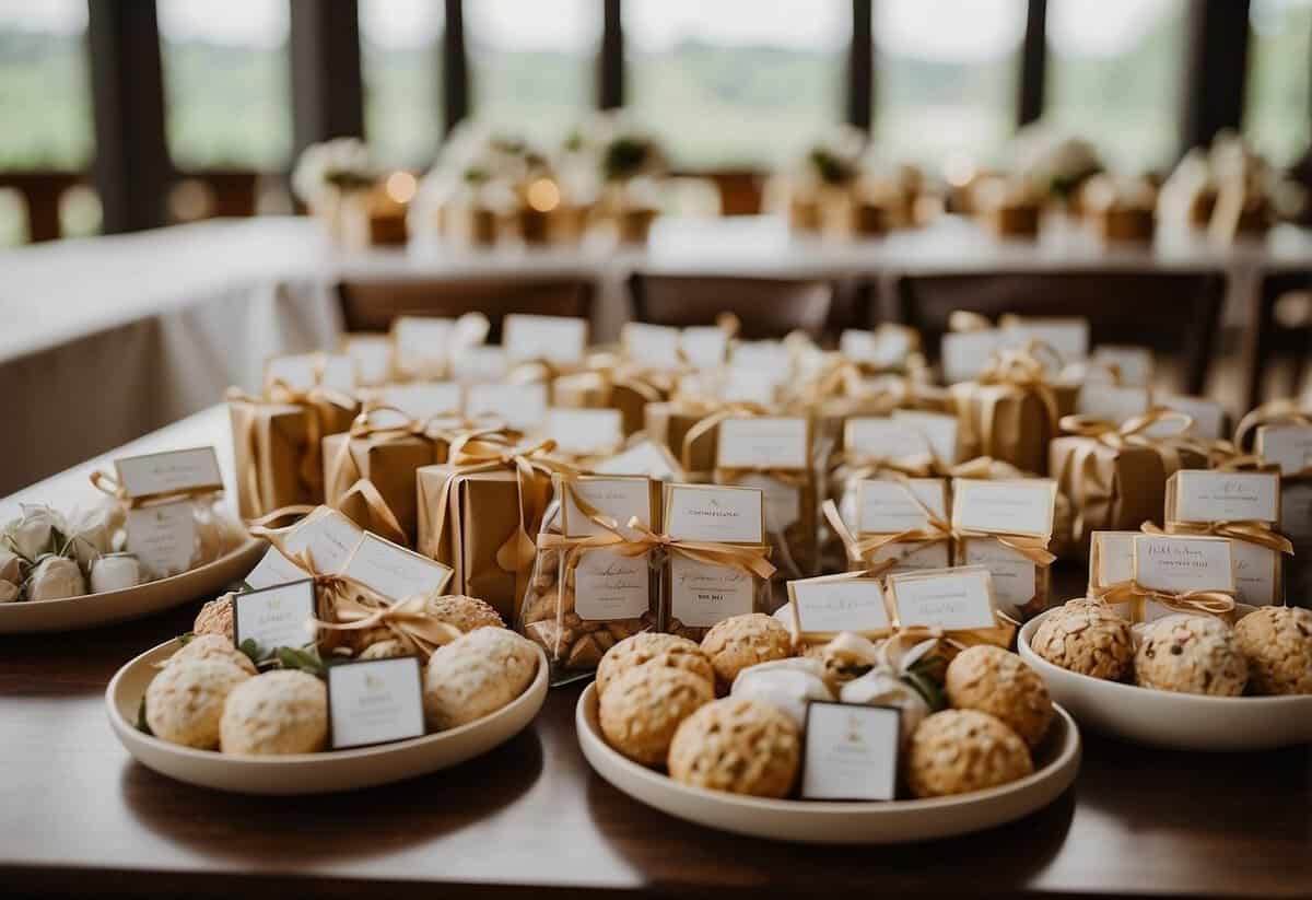 Various wedding favors and welcome bag items are neatly arranged on a table, including personalized trinkets, snacks, and helpful information for guests