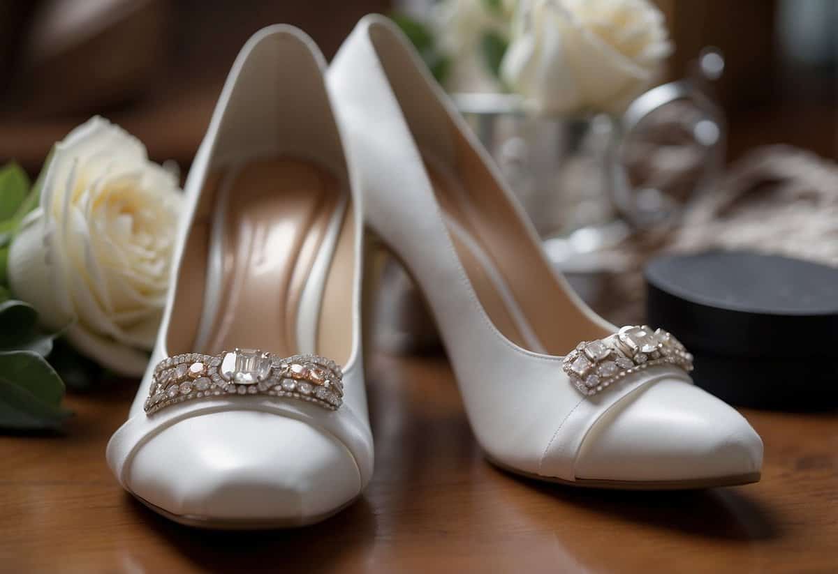 A pair of white wedding shoes sits on a table, surrounded by a collection of items such as a shoe horn, cushioned insoles, and a shoe brush