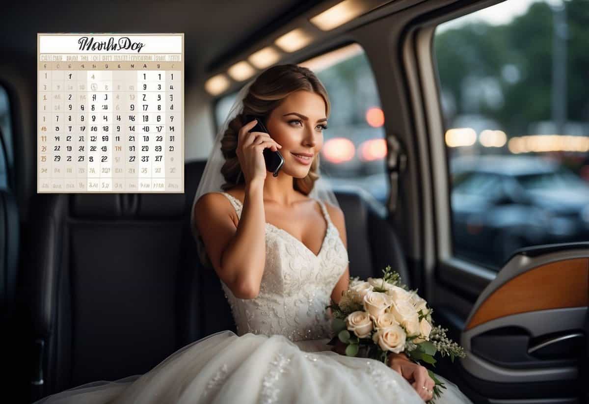 A bride on the phone with a transportation company, confirming details for the wedding day. A calendar with "1 month before" highlighted in the background