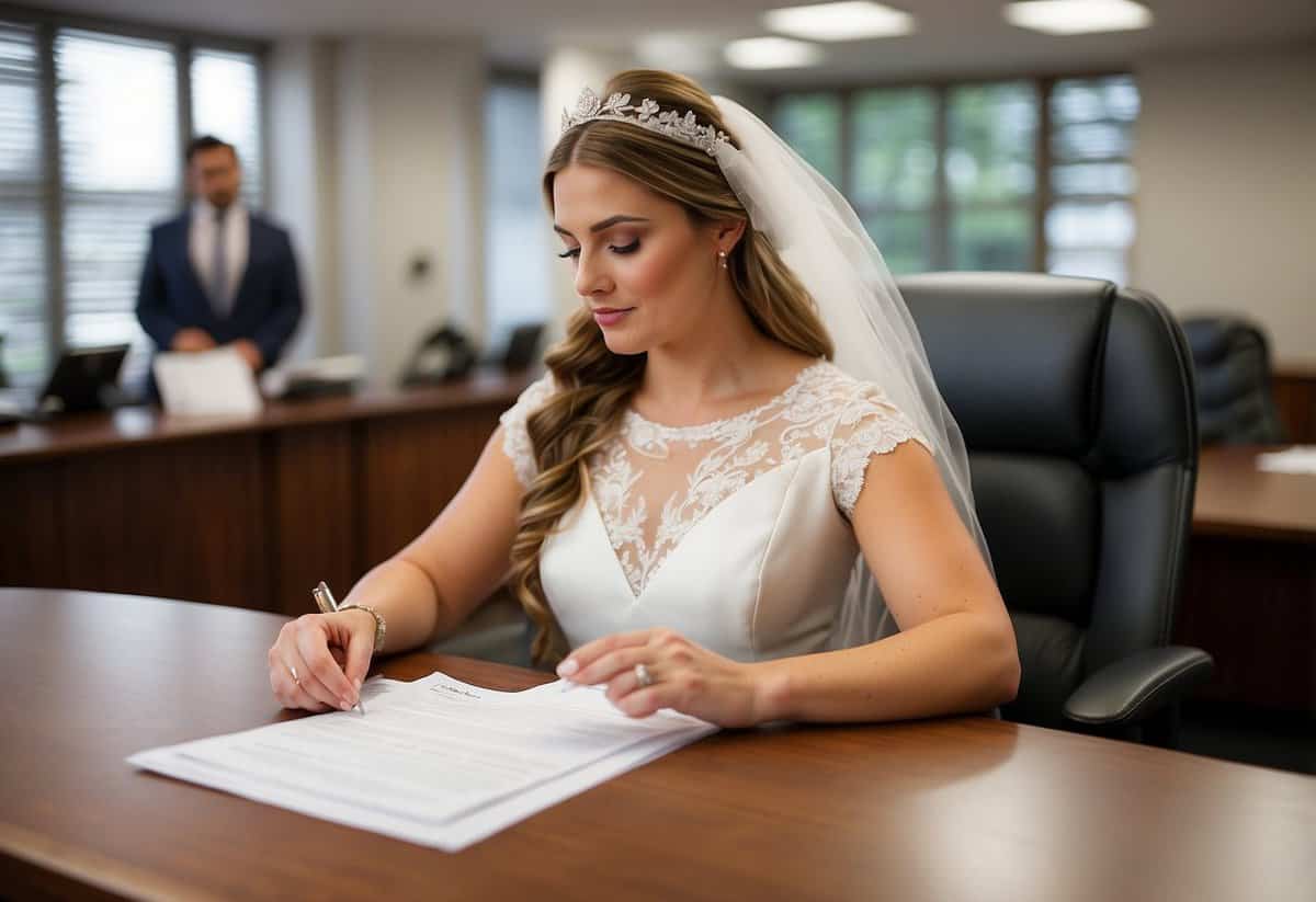 A bride fills out paperwork at the county clerk's office, submitting documents and payment for a marriage license