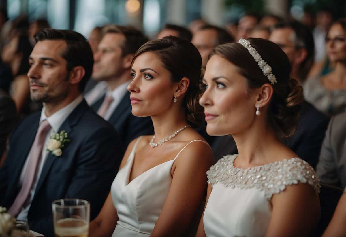 Wedding guests frowning at long waits, uncomfortable seating, and poor food choices