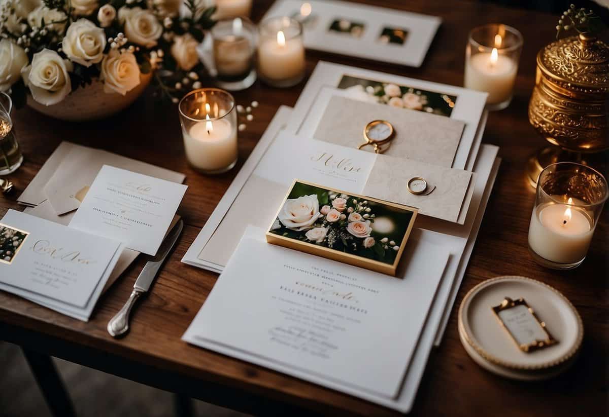 A table with a wedding invitation suite spread out, surrounded by 50 printed wedding photos