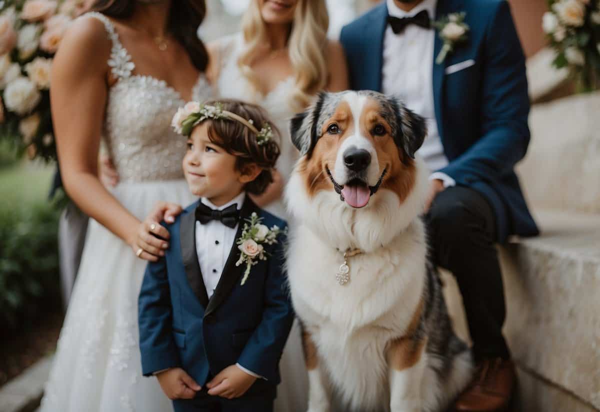 Pets pose with bride and groom, ring bearer, and flower girl