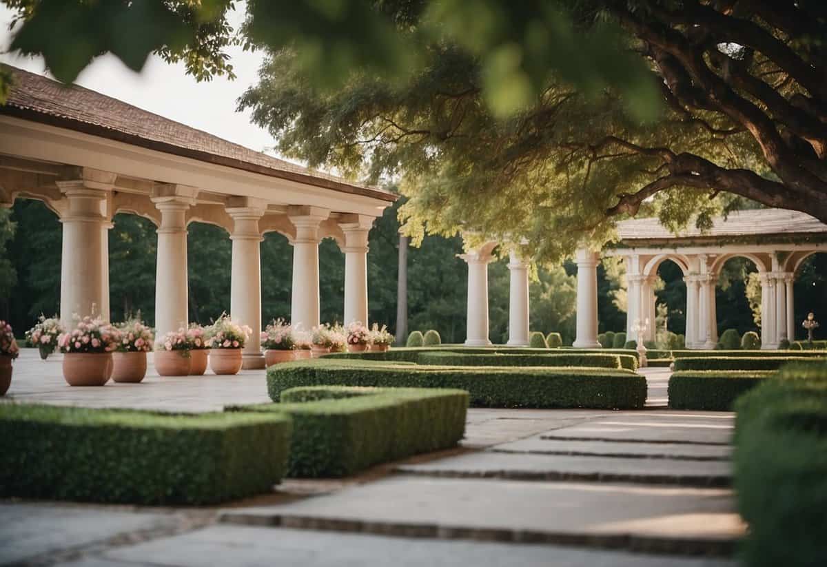 A grand wedding venue exterior with elegant architecture, lush landscaping, and a picturesque backdrop for capturing essential wedding photos