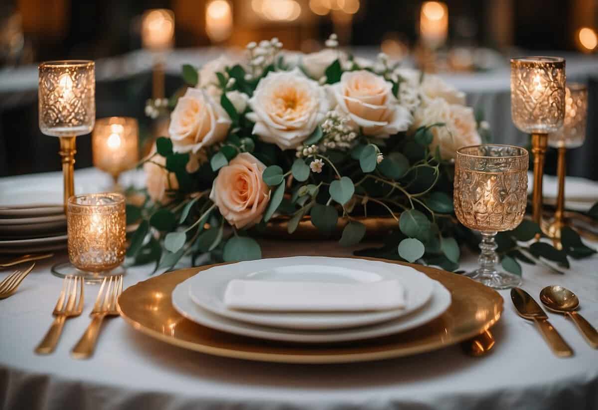 A beautifully decorated sweetheart table with elegant place settings, floral centerpieces, and soft candlelight