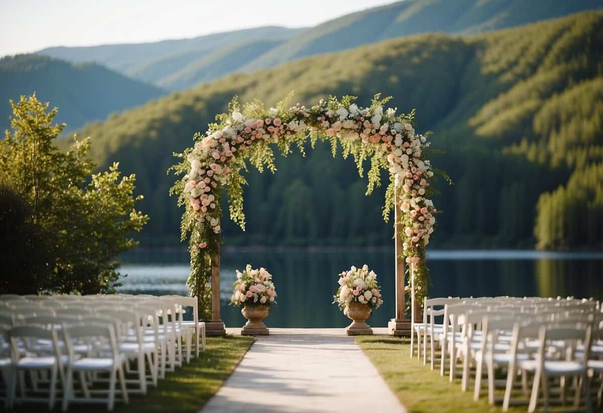 A beautiful outdoor ceremony site with a flower-covered arch, elegant seating, and a picturesque backdrop of rolling hills and a serene lake