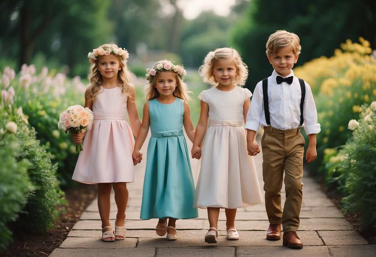 Flower girls and ring bearers holding hands in a garden aisle