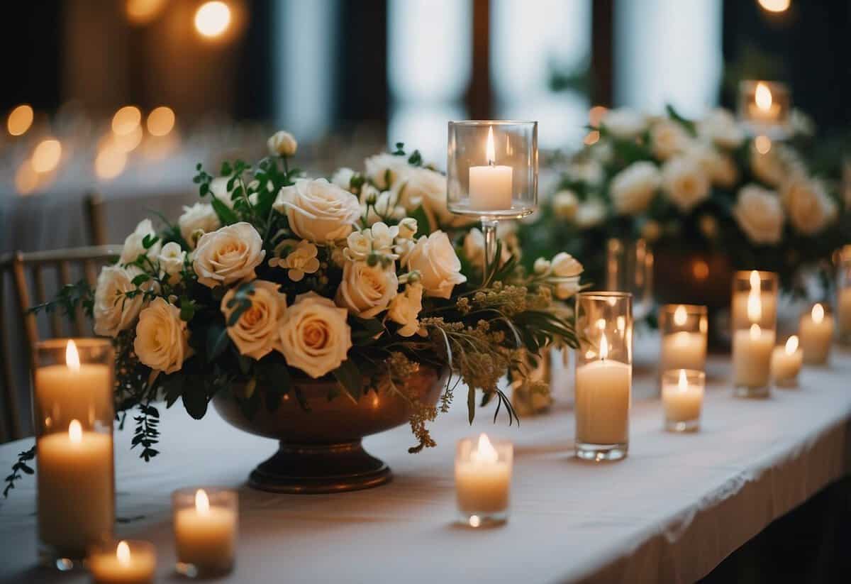 A table with elegant escort cards arranged in alphabetical order, surrounded by floral arrangements and soft candlelight