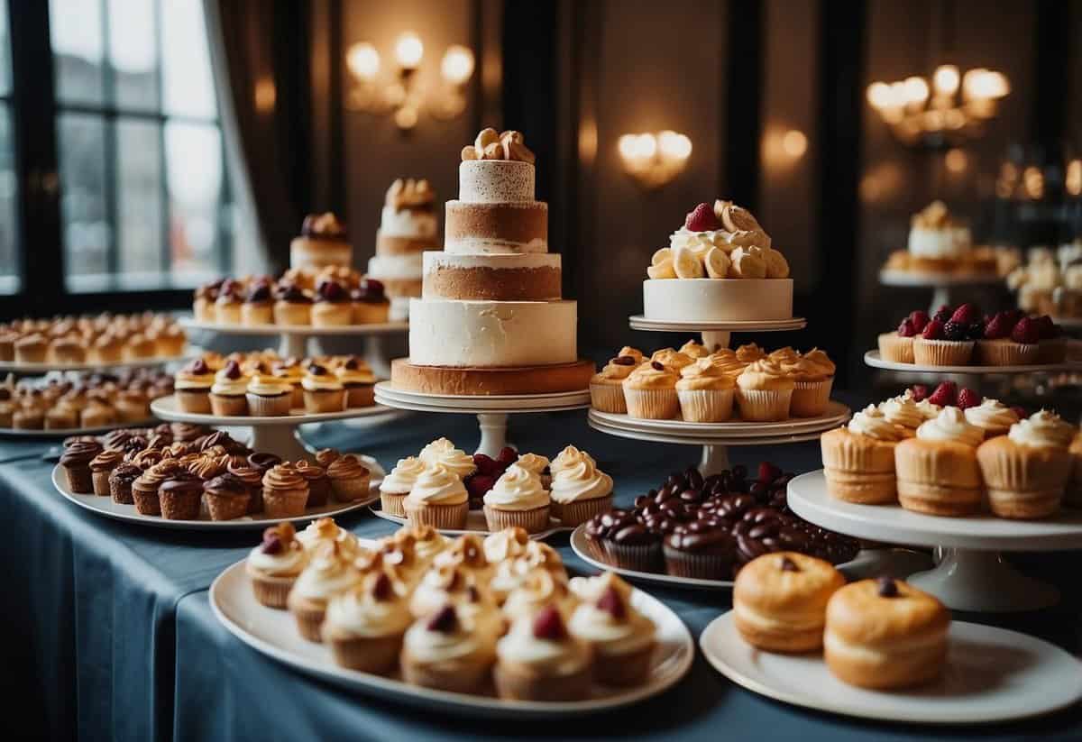 A decadent dessert table with an array of cakes, cupcakes, and pastries beautifully arranged on elegant platters and stands