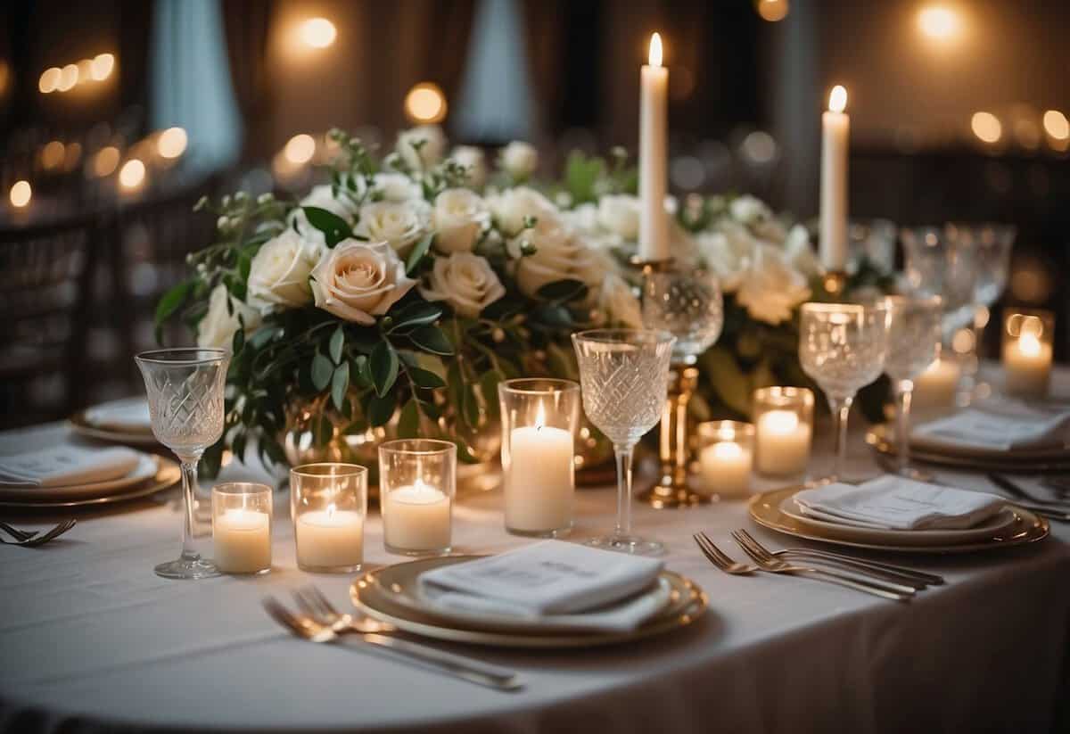 A beautifully set wedding table with elegant place settings, floral centerpieces, and romantic candlelight