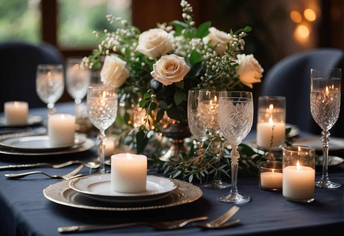A table set with elegant centerpieces, surrounded by soft candlelight and delicate floral arrangements