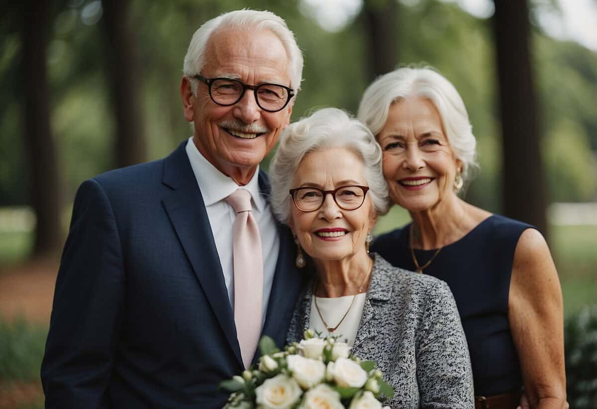 A couple and their grandparents pose for wedding photos
