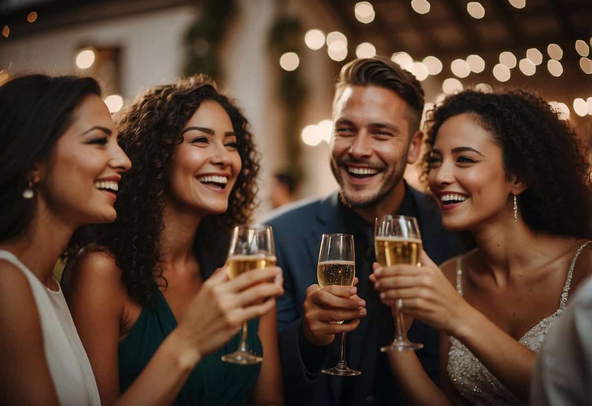 A group of friends laughing and toasting with champagne at a wedding reception