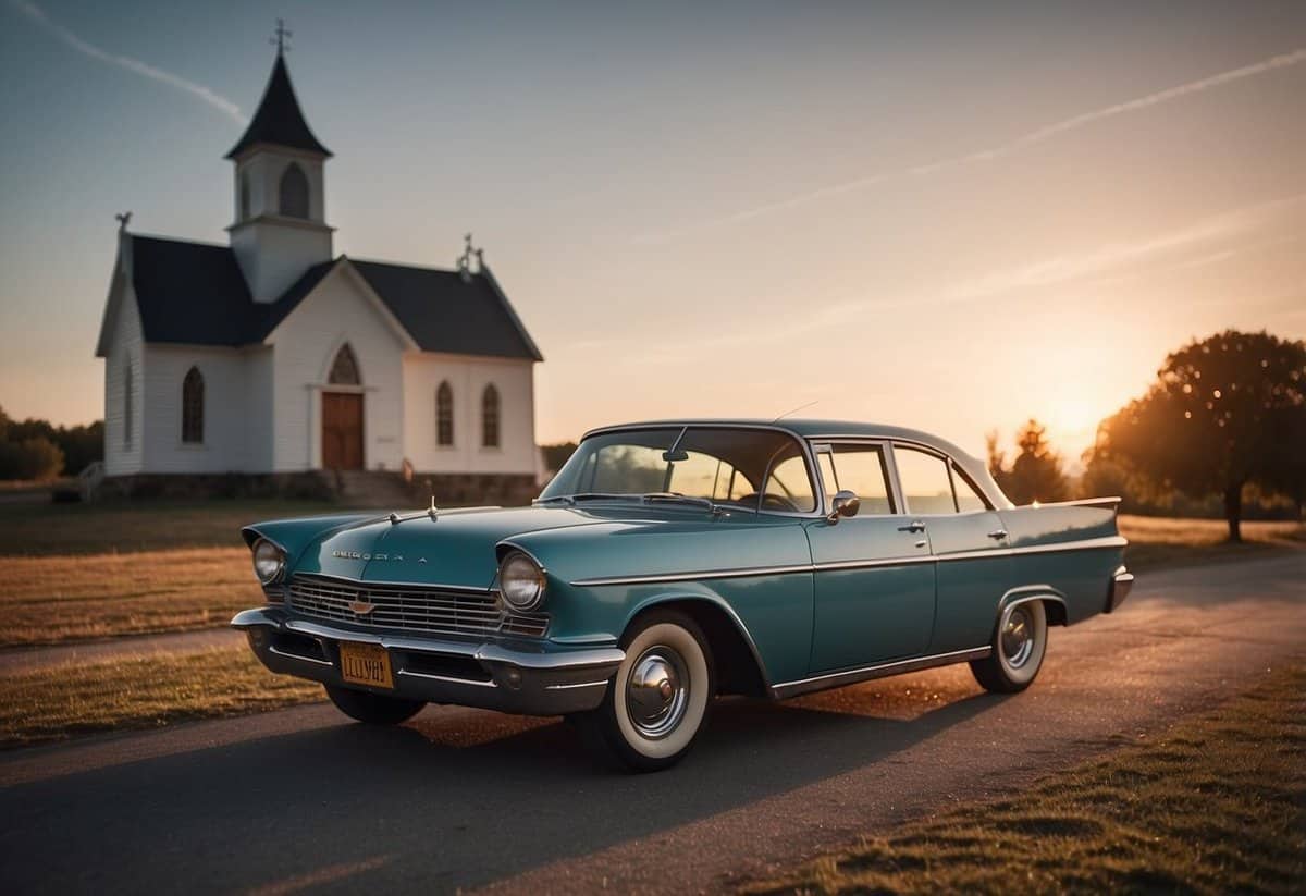 A classic car with a "Just Married" sign parked in front of a vintage church with a beautiful sunset in the background
