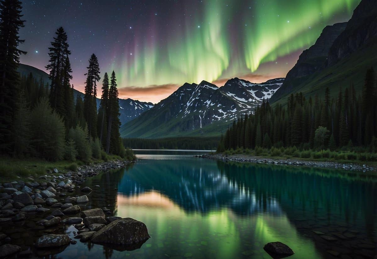 A majestic mountain backdrop with a serene lake and lush forest, under the soft glow of the Northern Lights in Alaska