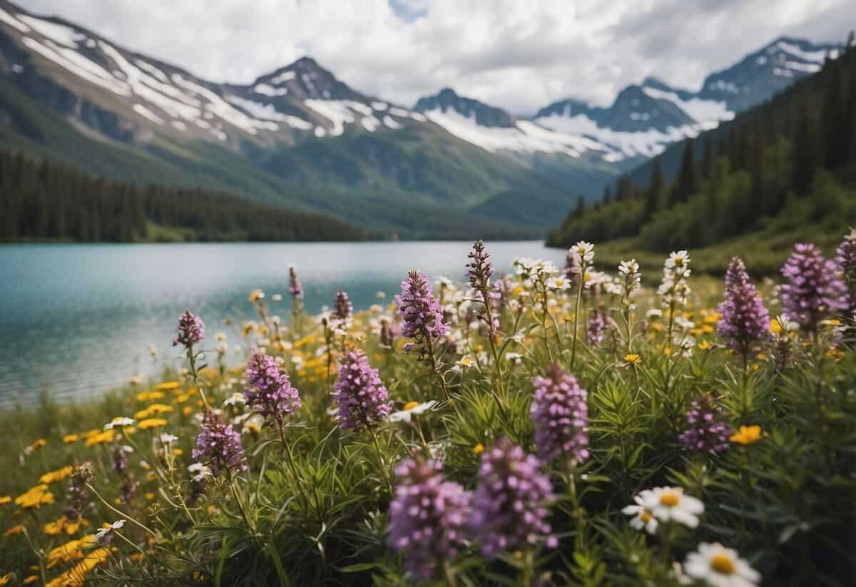 Snow-covered mountains, a serene lake, and a colorful display of wildflowers create a picturesque backdrop for an Alaska wedding
