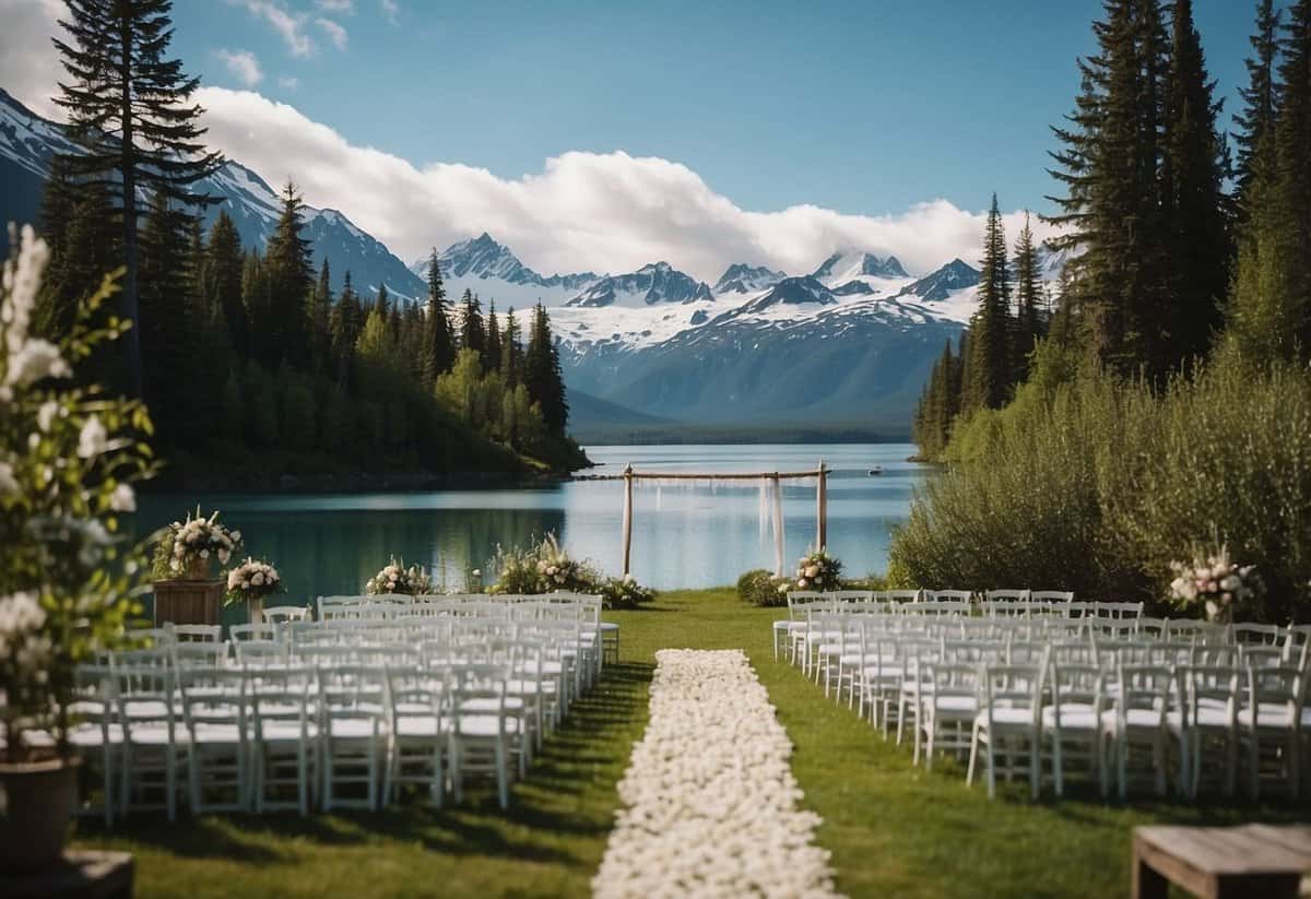 A picturesque outdoor wedding venue in Alaska with snow-capped mountains, a serene lake, and lush greenery, perfect for a destination wedding illustration