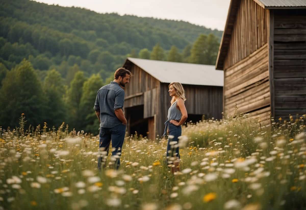 A couple stands in front of a rustic barn, surrounded by rolling hills and blooming wildflowers. A sign nearby outlines the legal requirements for getting married in Arkansas