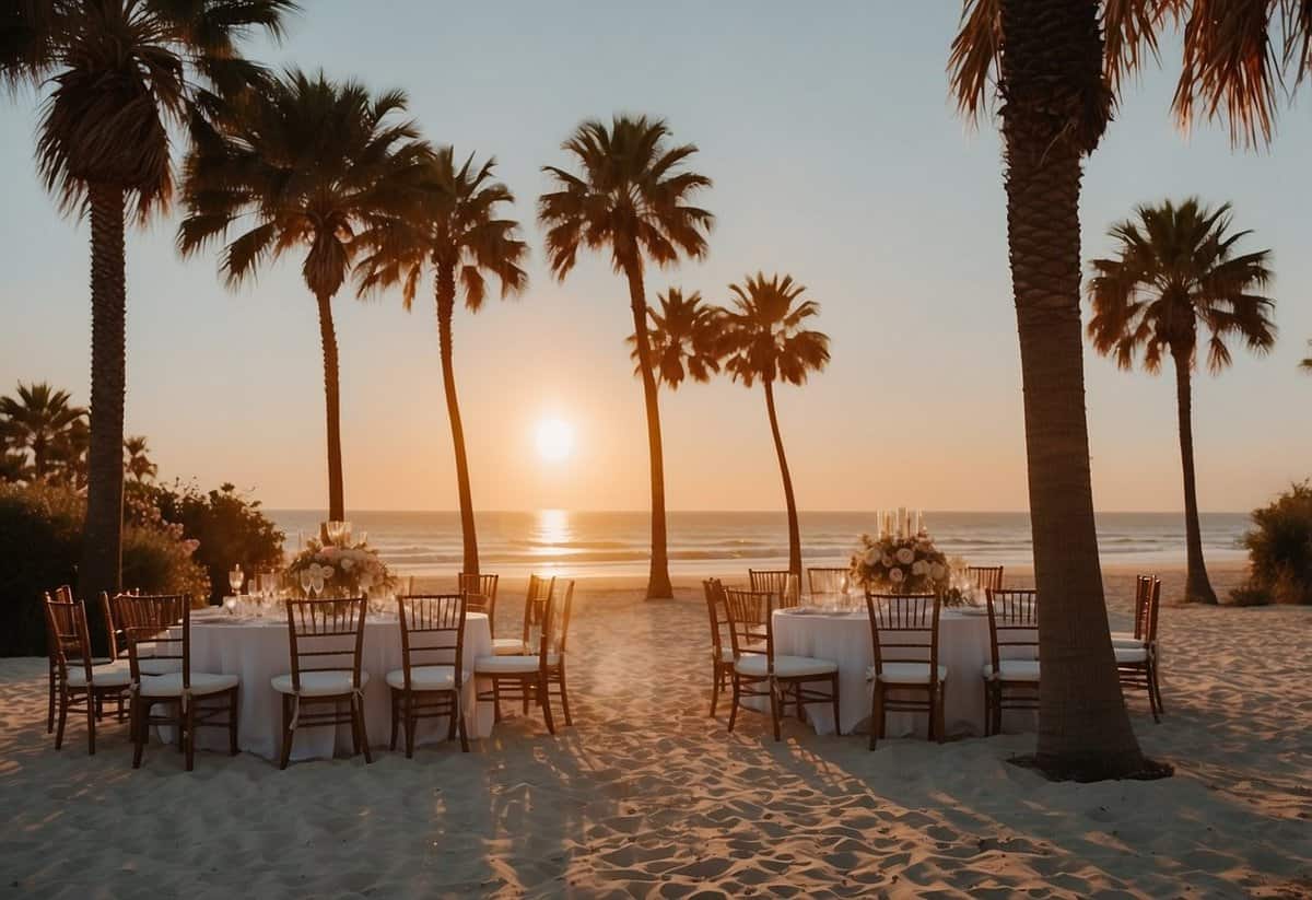 A beach wedding with palm trees, white sand, and a sunset backdrop in California