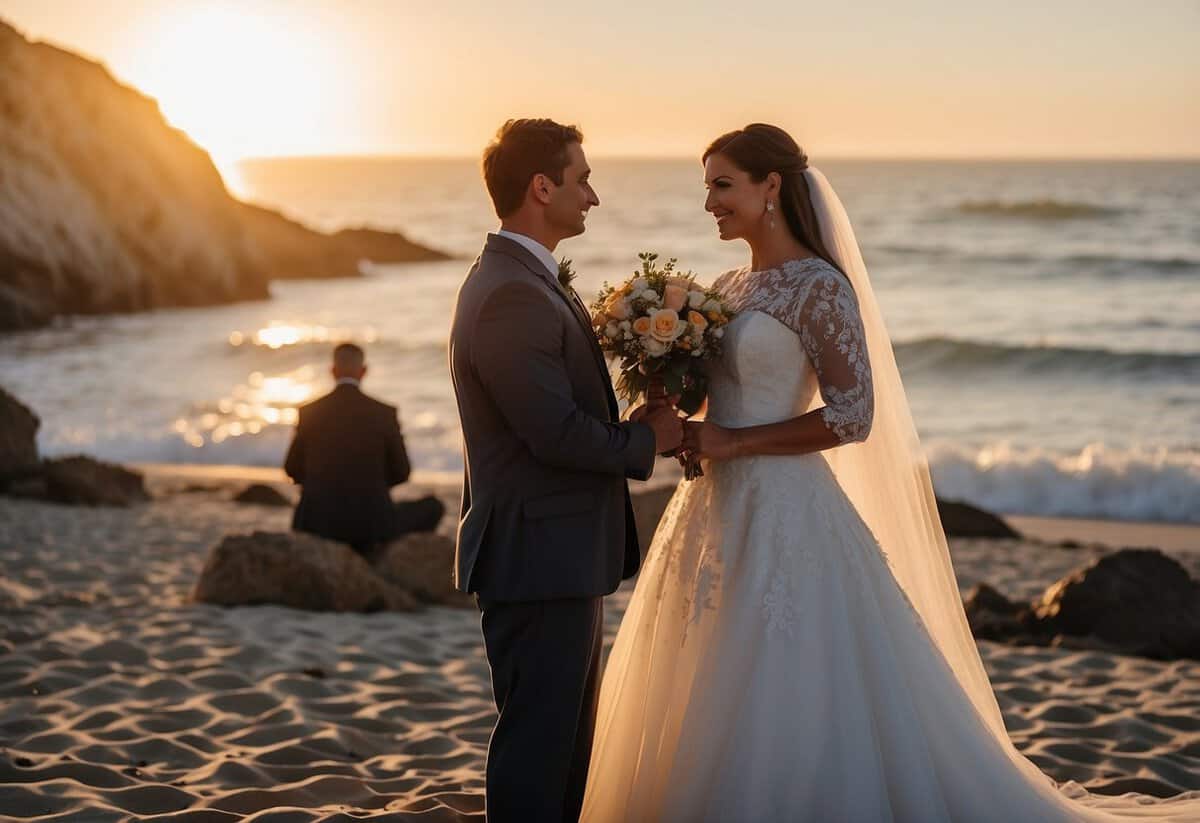 A couple stands before a county clerk, exchanging vows. The sun sets over a picturesque California beach, where a small crowd gathers to witness the ceremony