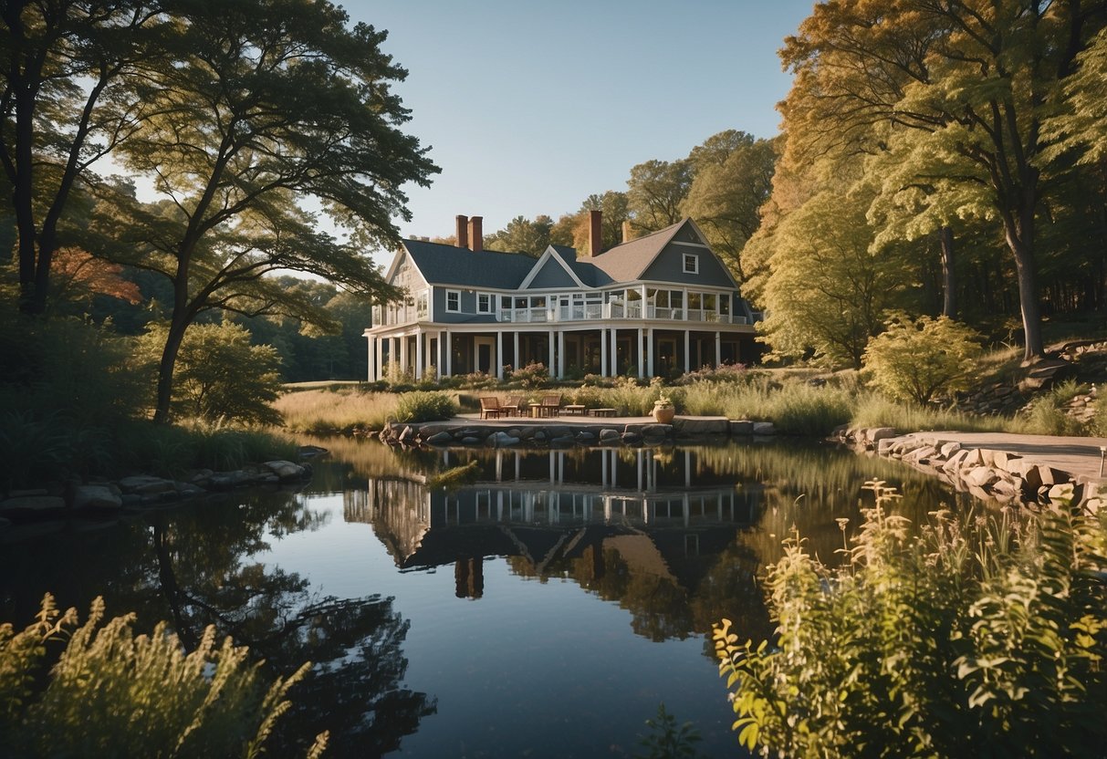 A picturesque wedding venue in Connecticut with scenic views of rolling hills, a serene lake, and vibrant foliage in the background