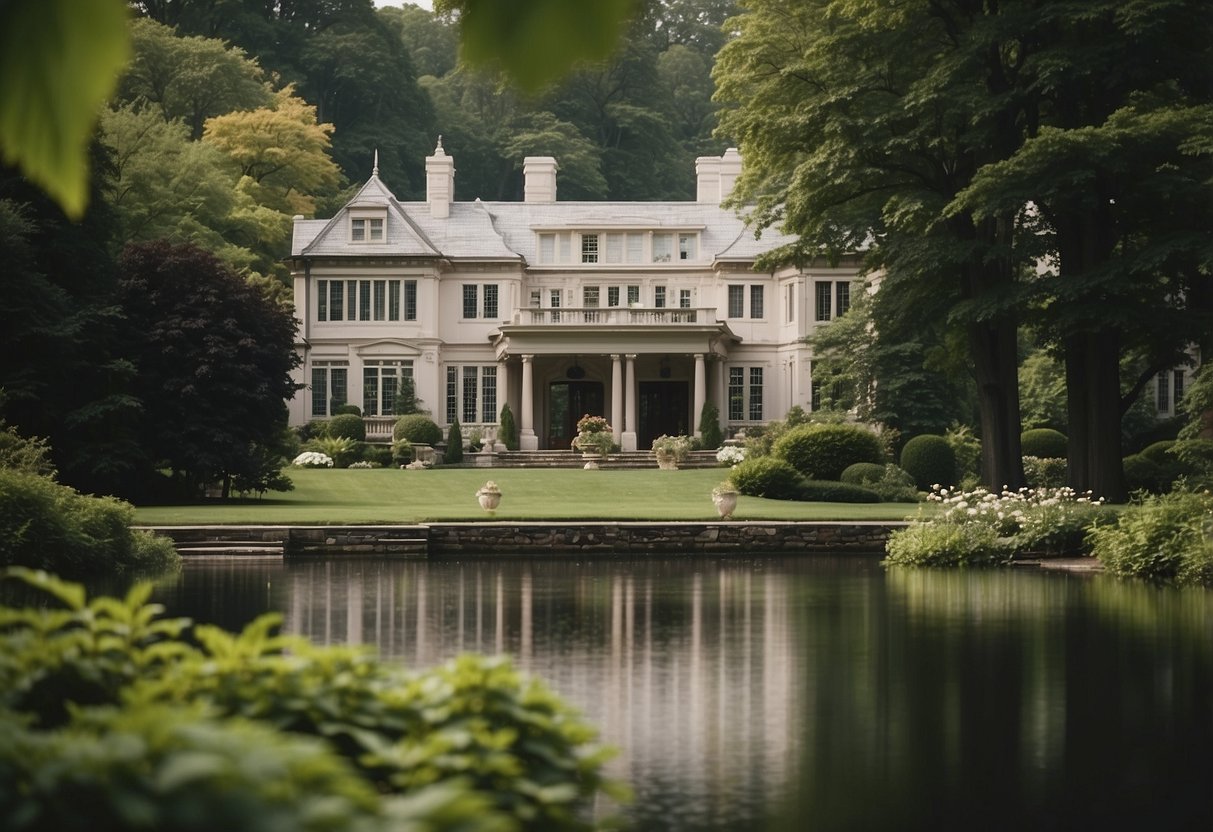 A grand historic mansion surrounded by lush gardens and a serene lake, with elegant architecture and charming details, makes for the perfect wedding venue in Connecticut